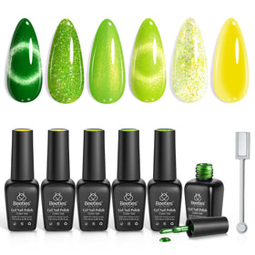 beetles salon manicure lifestyle showing finished green cat eye nails for professional inspiration