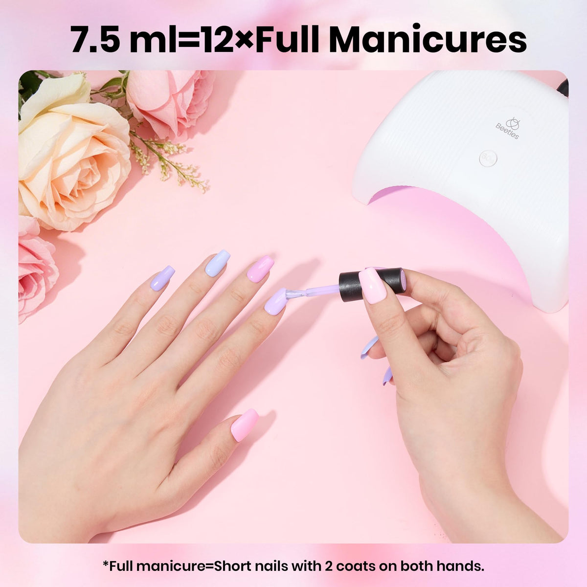 Beetles Gel Polish size comparison on a hand to show bottle scale and brush width