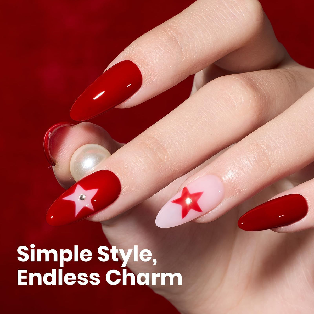 Beetles applied manicure on model showing salon-quality shine and bold red impact