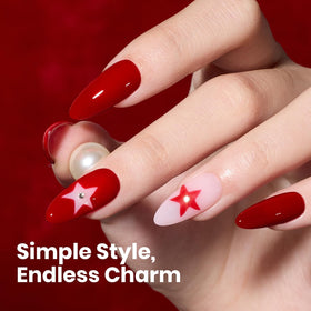 Beetles applied manicure on model showing salon-quality shine and bold red impact