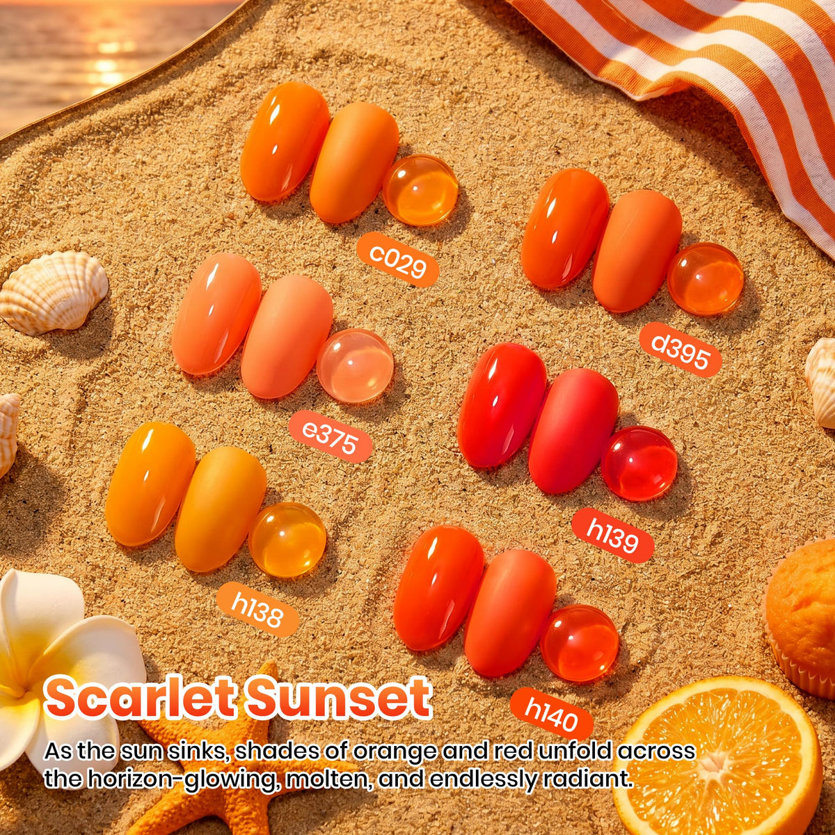beetles color swatches fanned to compare coral, orange, peach, tangerine, scarlet