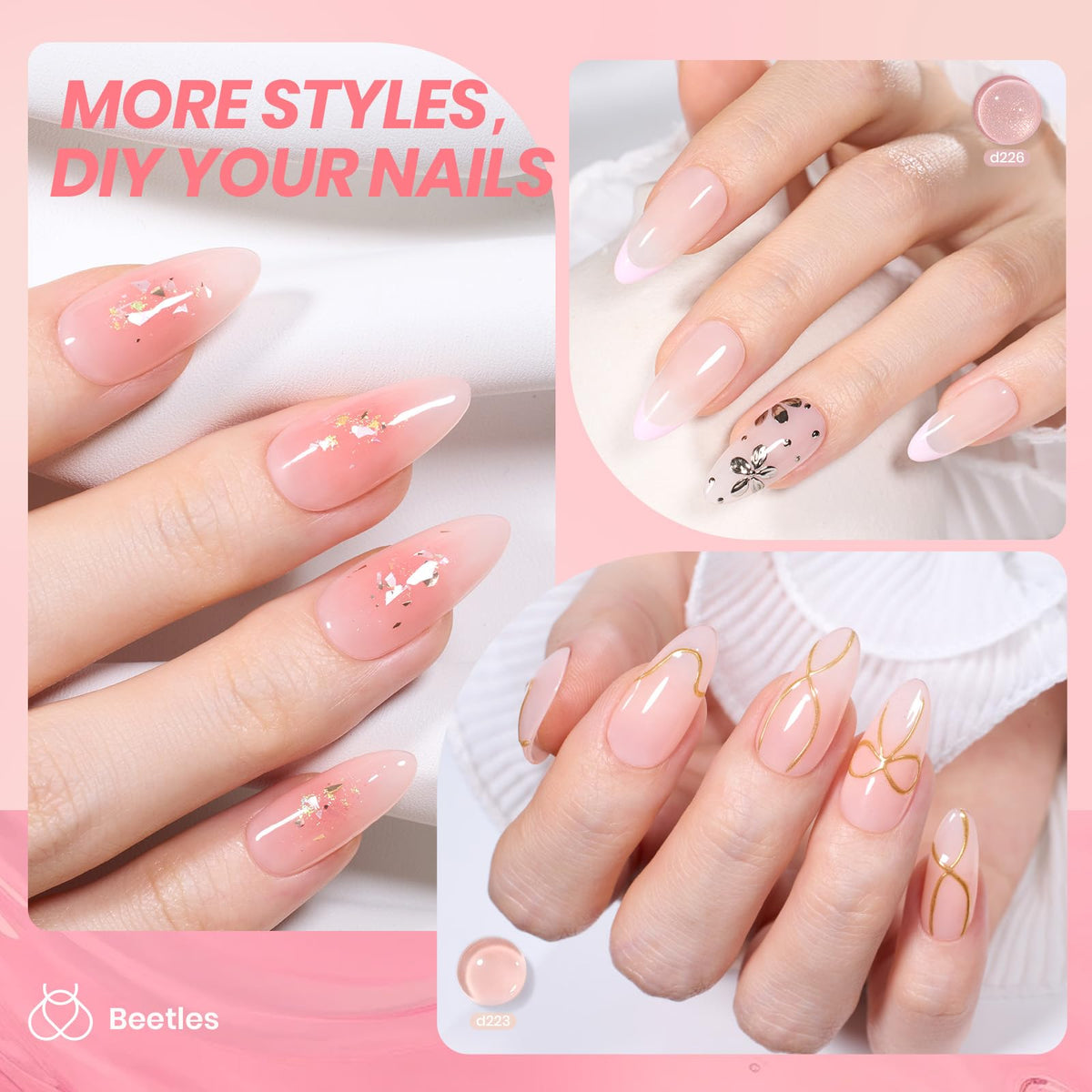 beetles swatches on fingertips displaying buildable peach-pink shades for versatile looks