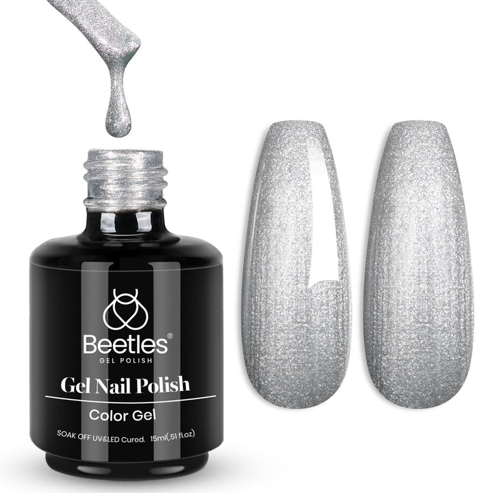 beetles bottle front view showing silver shimmer and 15ml size for long-wear