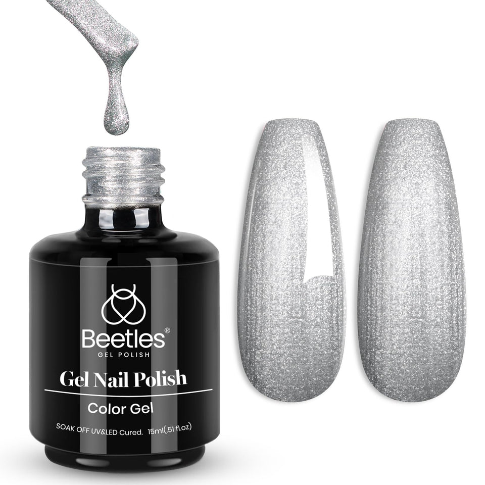 beetles bottle front view showing silver shimmer and 15ml size for long-wear