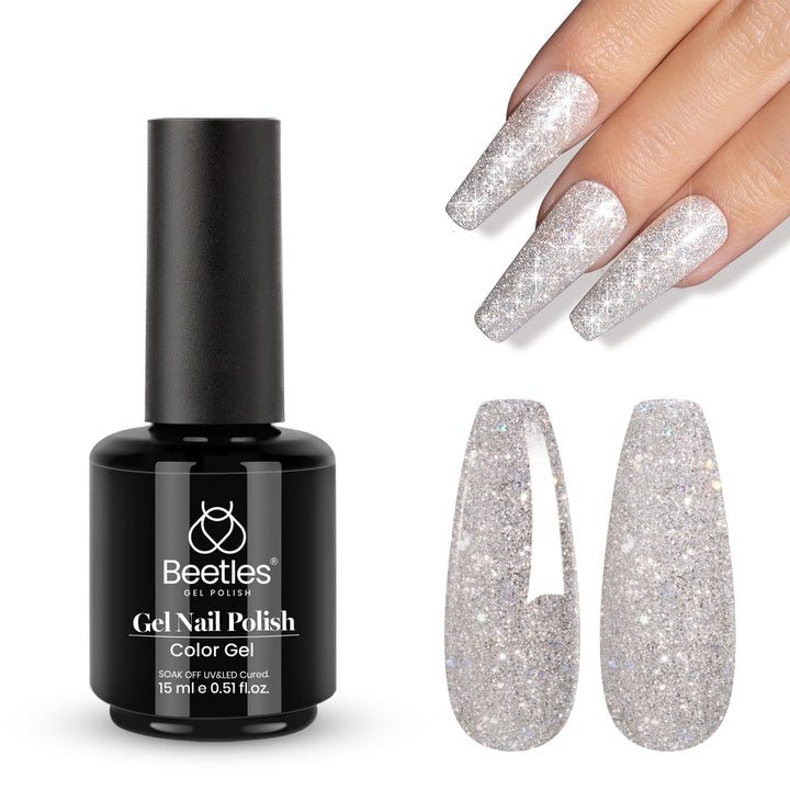Beetles silver gel front bottle showing reflective glitter finish and easy storage