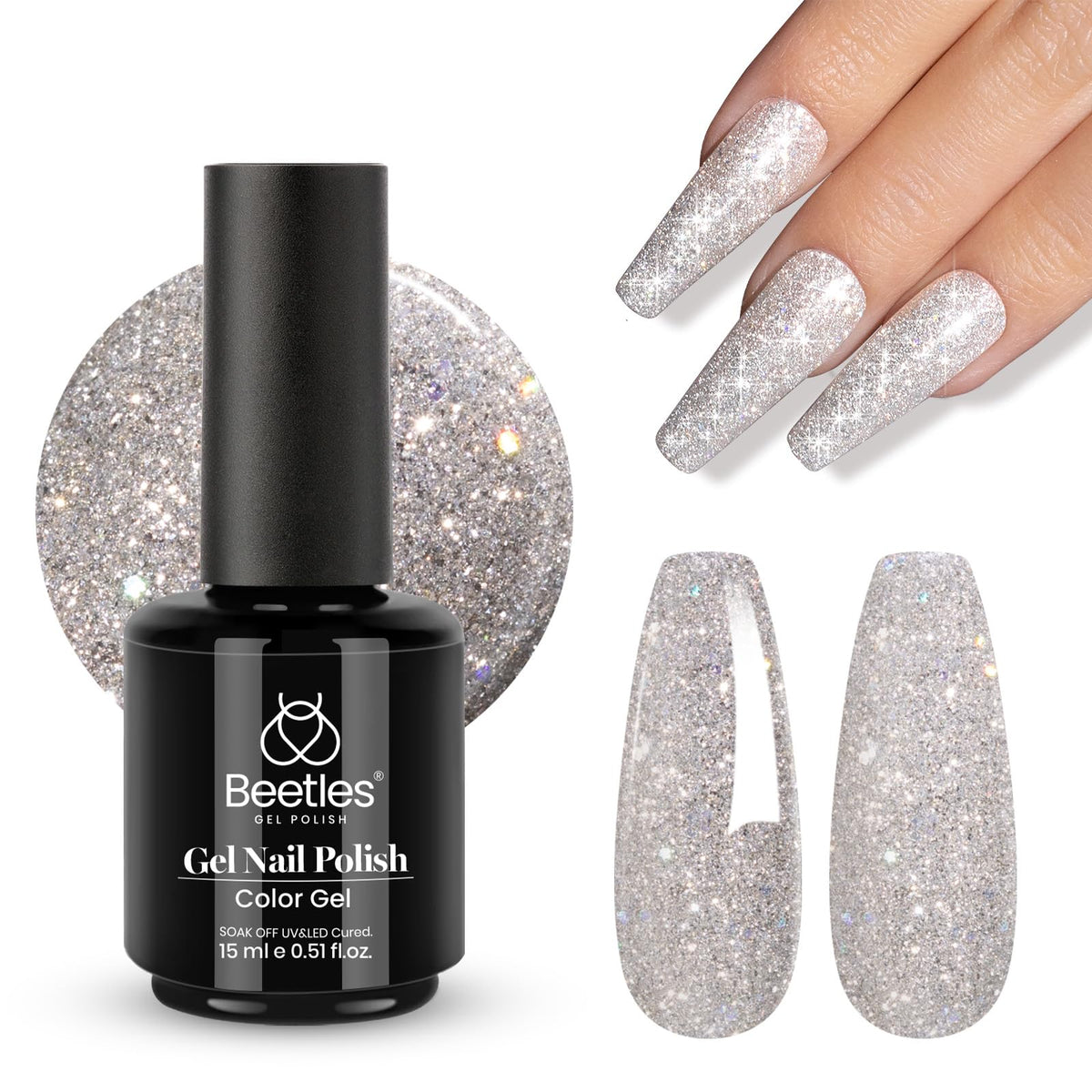 Beetles silver gel on finished manicure at a party showing eye-catching shine
