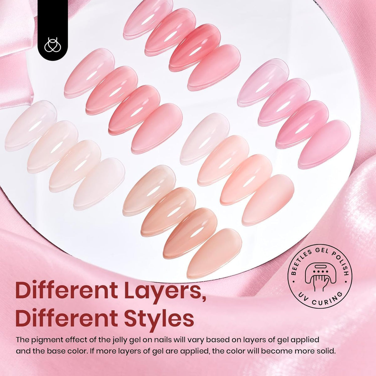 Beetles six bottles displayed to show each nude and pink jelly shade for mixing