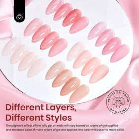 Beetles six bottles displayed to show each nude and pink jelly shade for mixing