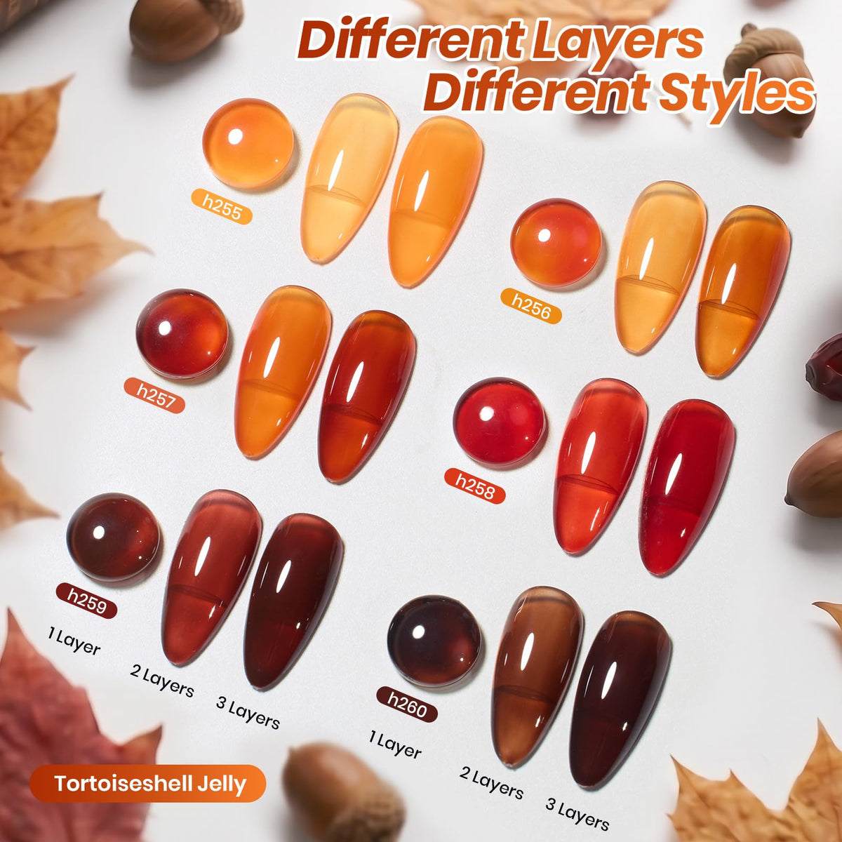 beetles six bottles lineup top view displaying color range for layered tortoiseshell effects