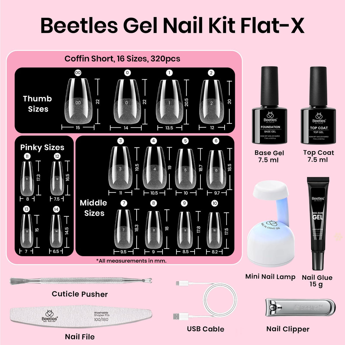 beetles size chart layout with pre-numbered 00–14 tips for quick matching