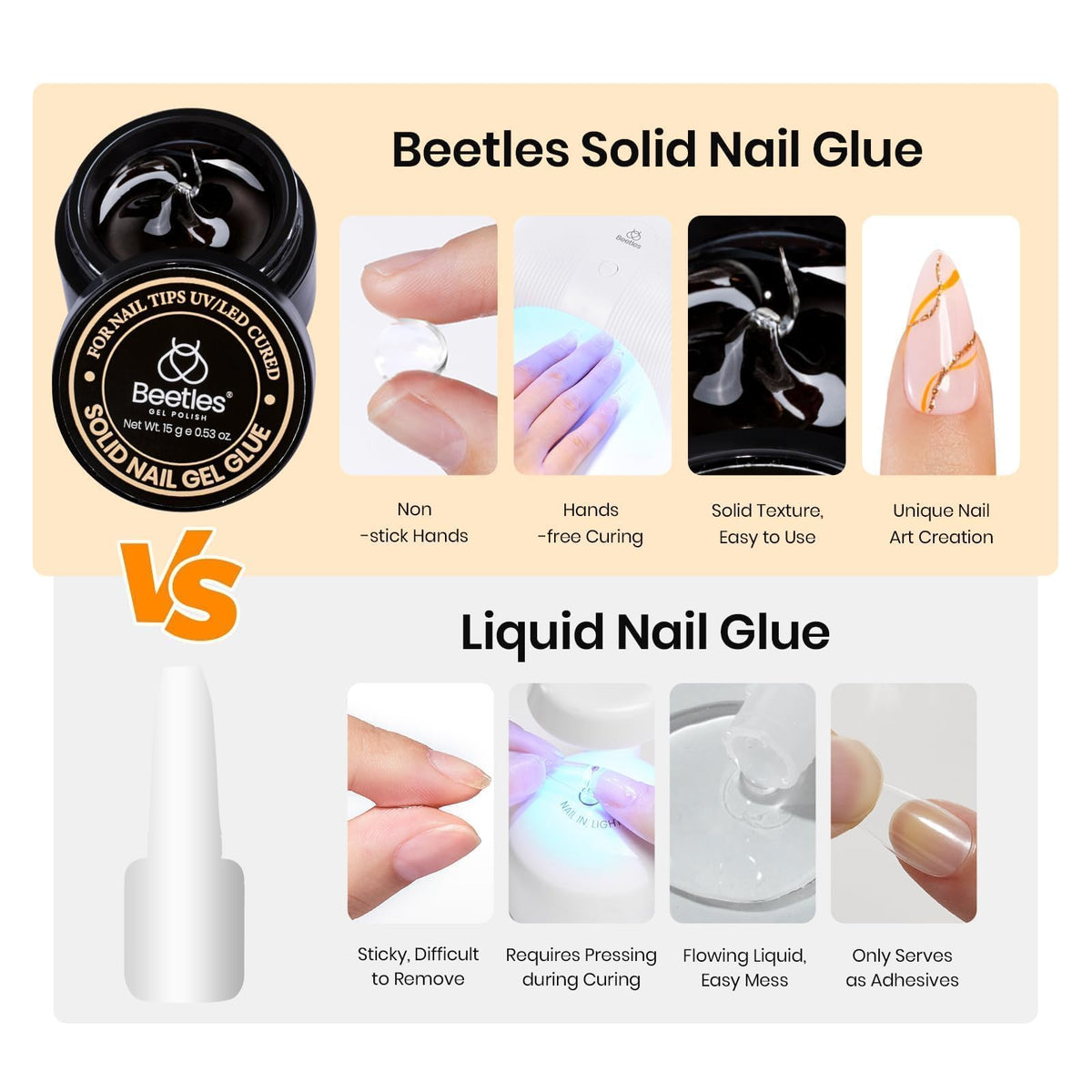 Beetles Gel Polish 15g tube held in hand showing actual size
