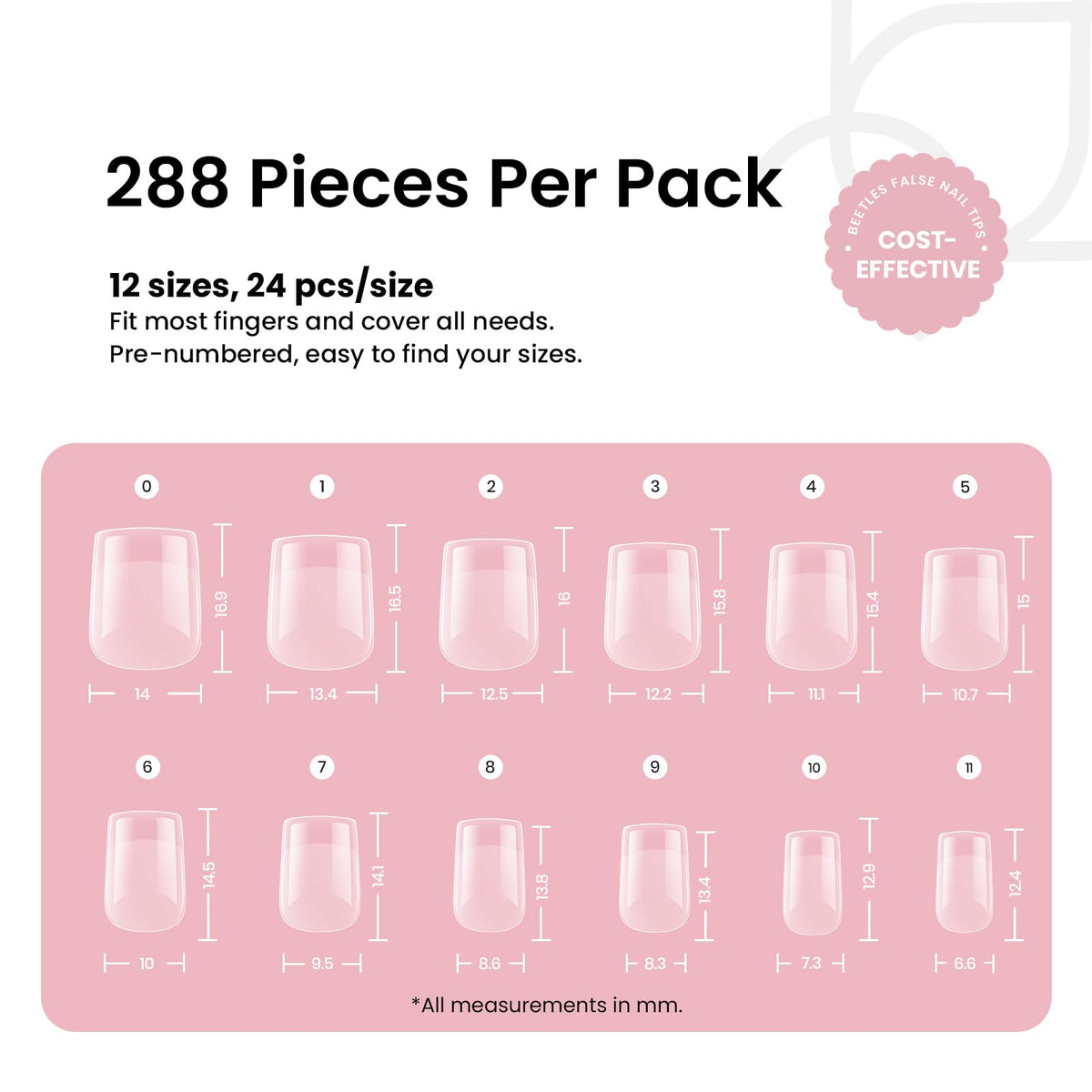 beetles size layout showing 12 sizes for precise fit and easy matching