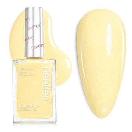 Beetles bottle front view showing soft butter yellow shade and glossy finish benefit