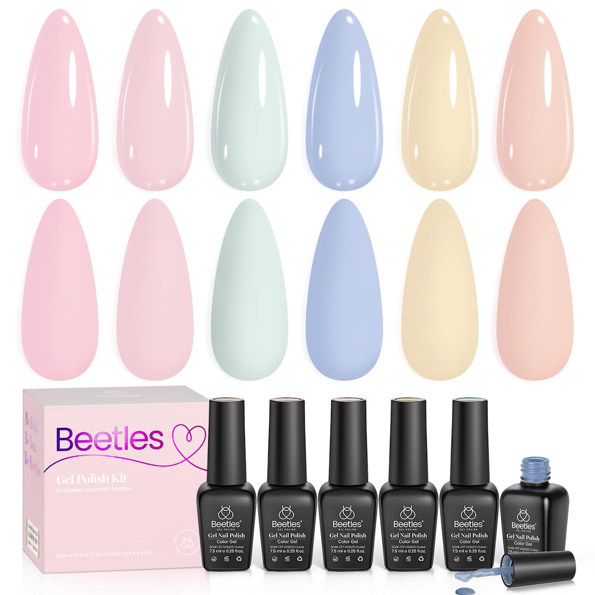 beetles pastel gel front packaging showing six bottles and set benefit