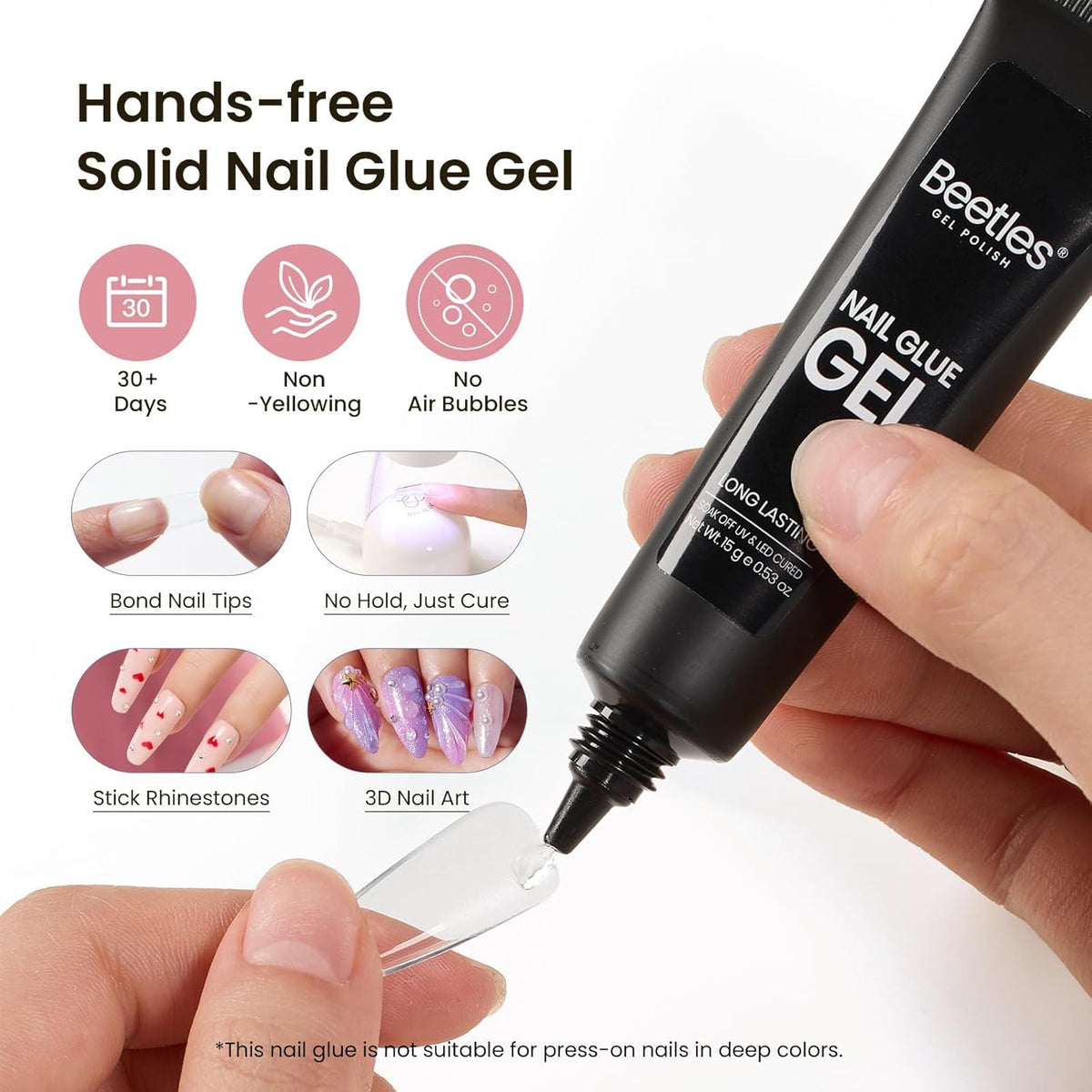 Beetles Gel Polish solid glue tube dispensing onto a tip, enables neat hands-free application