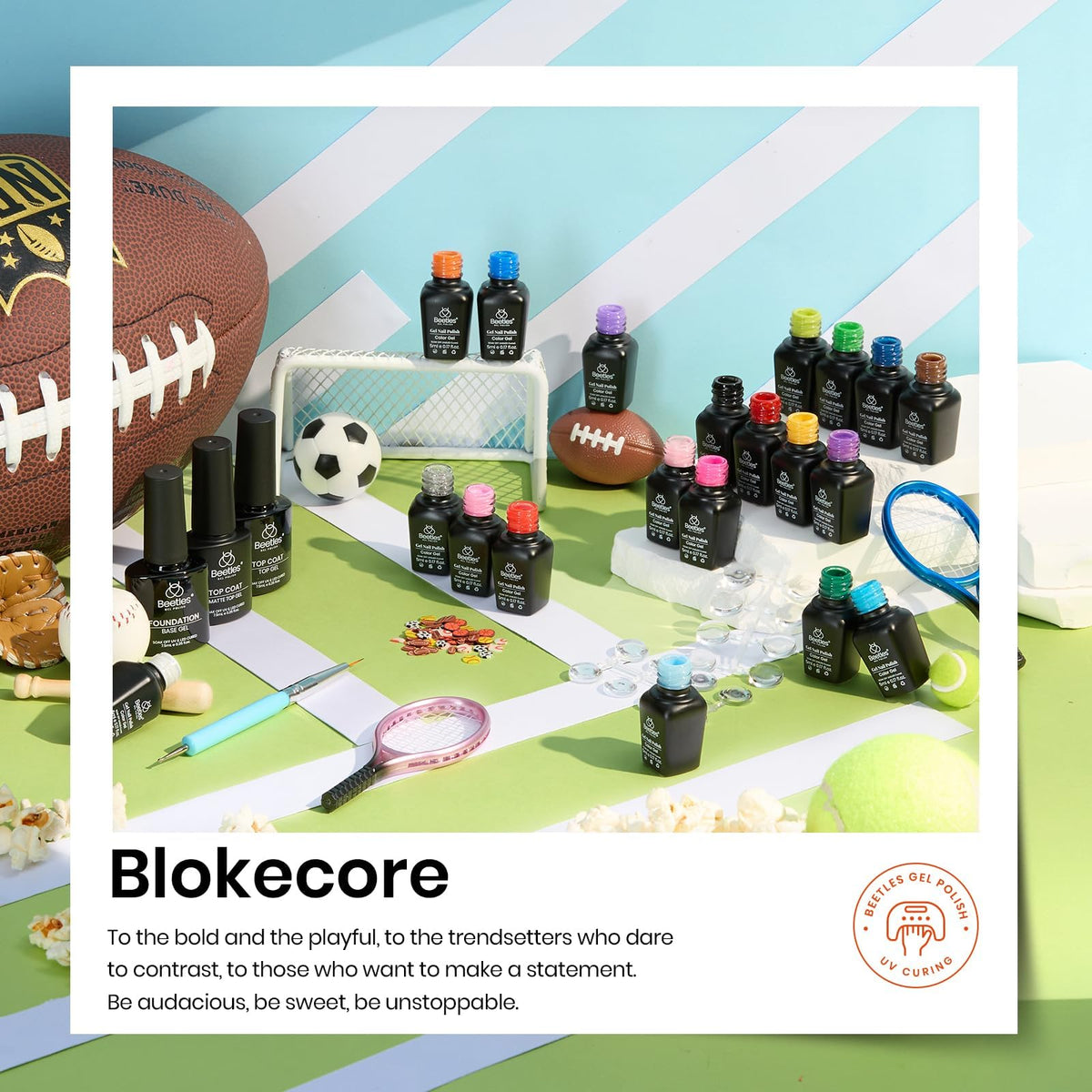 beetles sports-themed nail charms on swatch add trendy accents