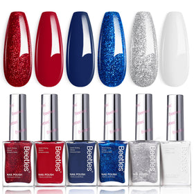 beetles front packaging showing six red white blue polishes and star stickers for festive nails