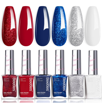 beetles front packaging showing six red white blue polishes and star stickers for festive nails