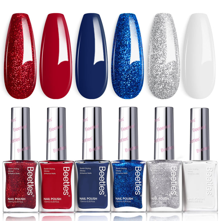 beetles front packaging showing six red white blue polishes and star stickers for festive nails