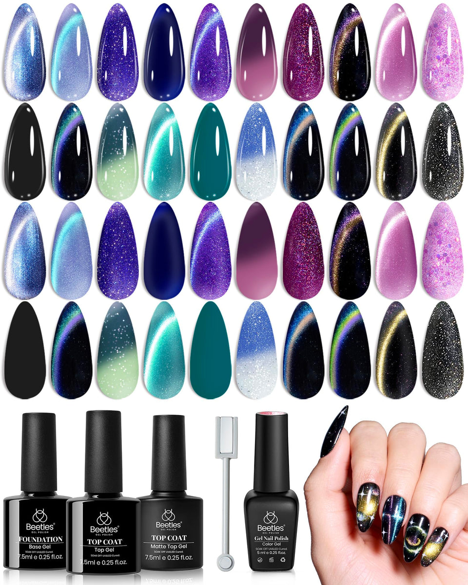 Beetles Gel Polish front packaging showing 20-color Stellar Mirage set and benefits