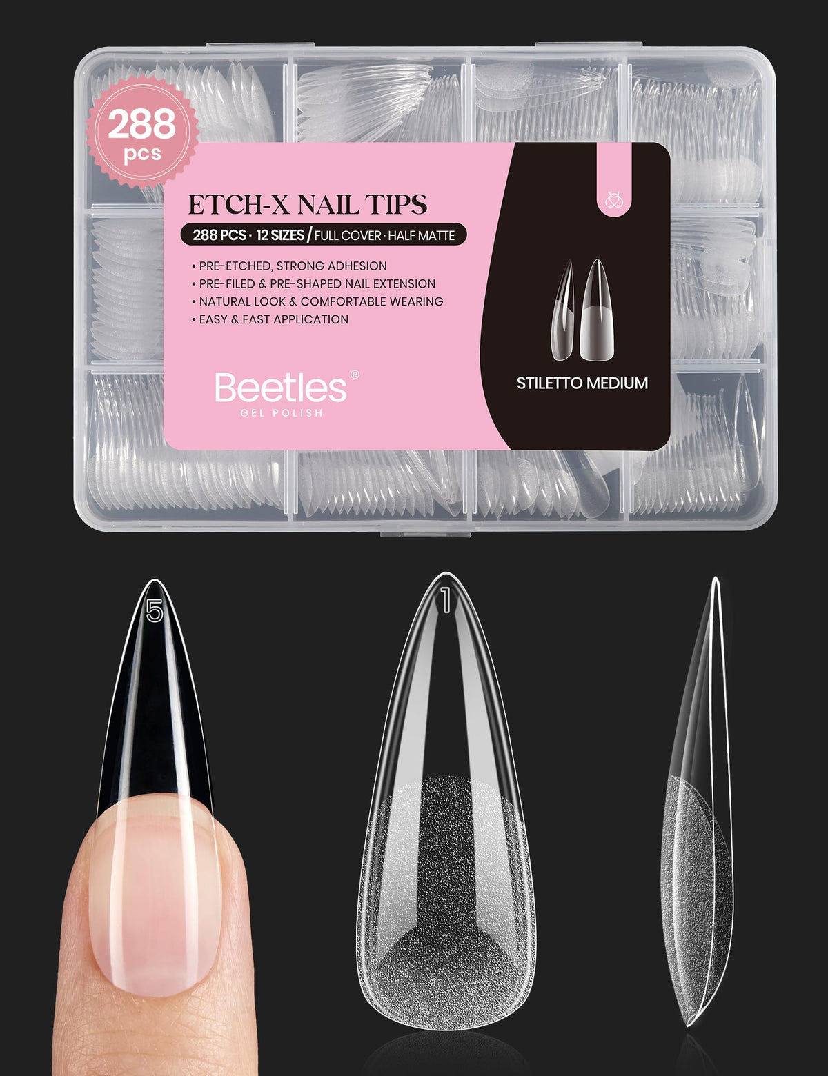 beetles front packaging showing 288-piece stiletto medium kit and benefits