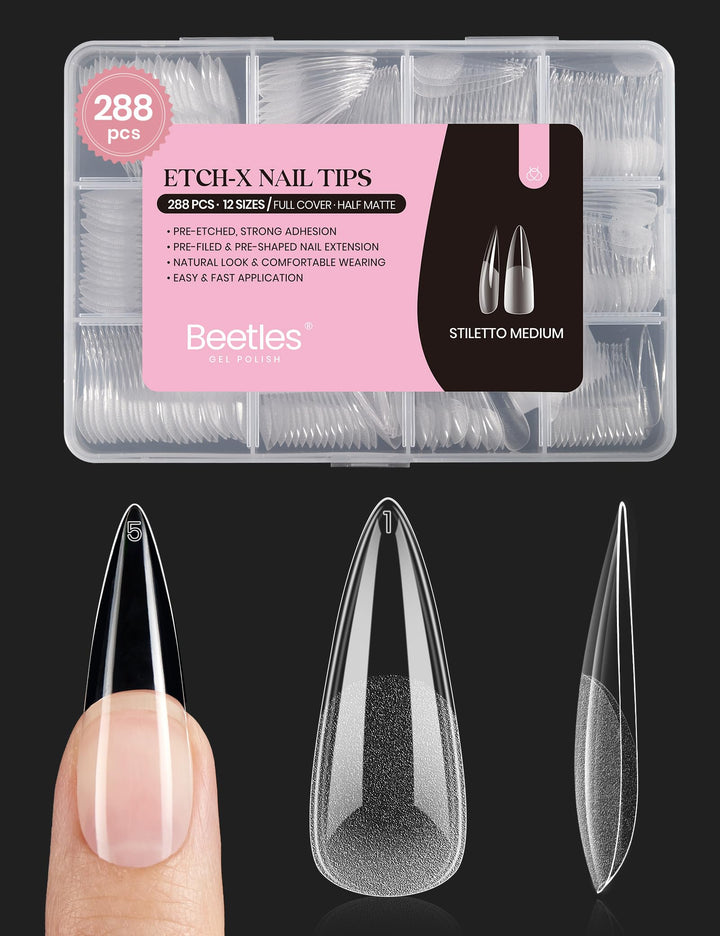 beetles front packaging showing 288-piece stiletto medium kit and benefits