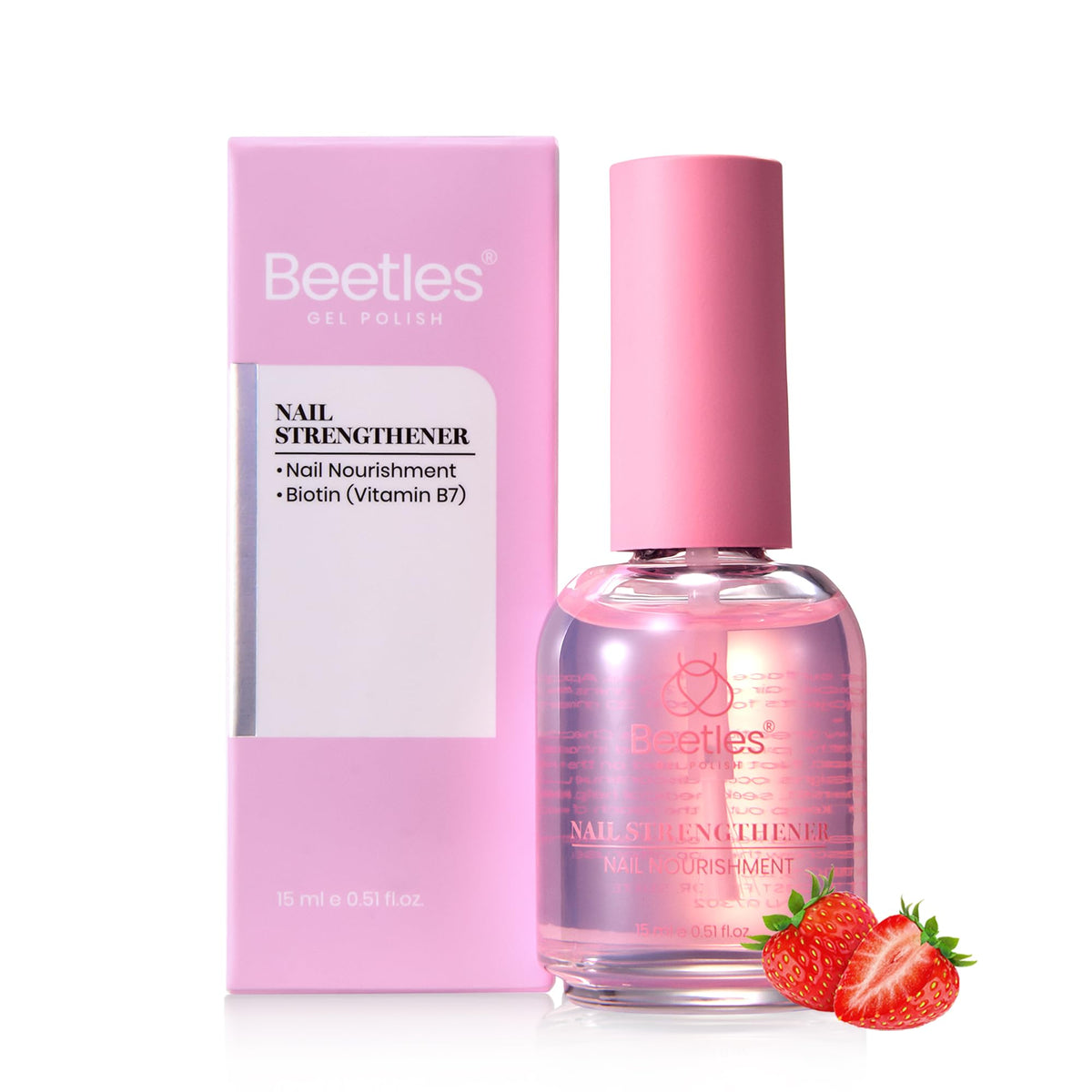 beetles Gel Polish bottle front showing clear strawberry strengthener for everyday protection