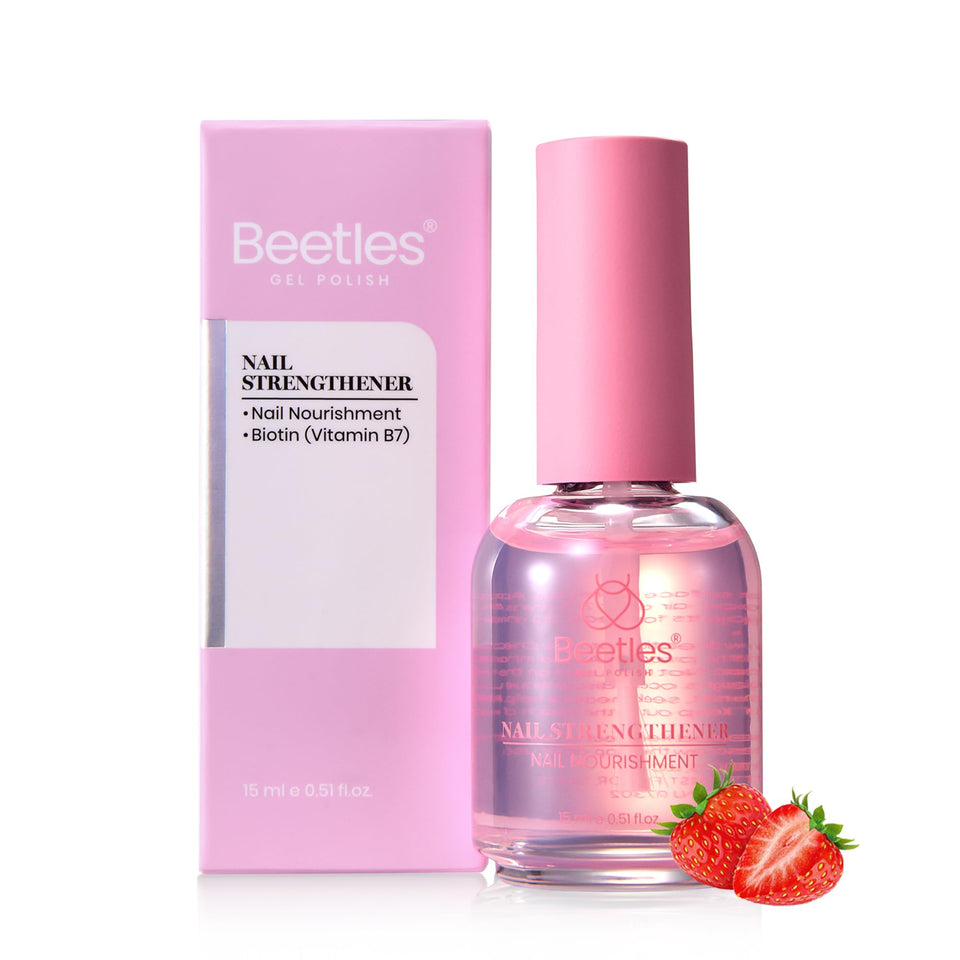beetles Gel Polish bottle front showing clear strawberry strengthener for everyday protection