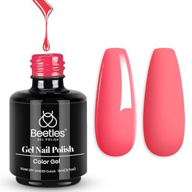 Beetles bottle front view showing Strawberry Cocktail coral color and clear label benefit