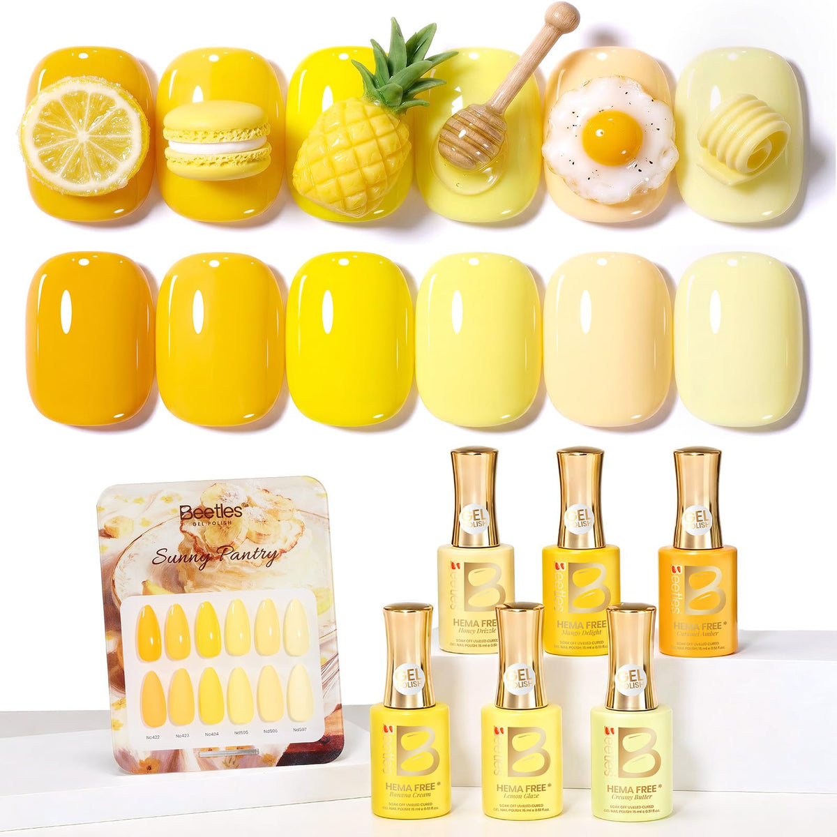 beetles front packaging showing six yellow gel polish bottles and brand for easy selection