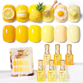 beetles front packaging showing six yellow gel polish bottles and brand for easy selection