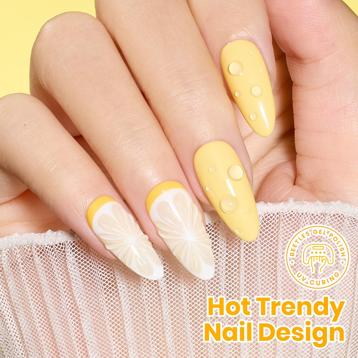 beetles scale with hand showing 15ml bottle size and value for multiple manicures