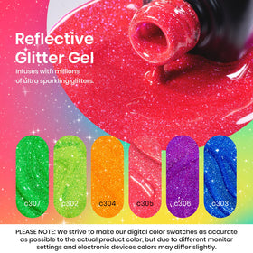 Beetles nail tip swatches of c302–c307 displaying vibrant neon sparkle and color payoff