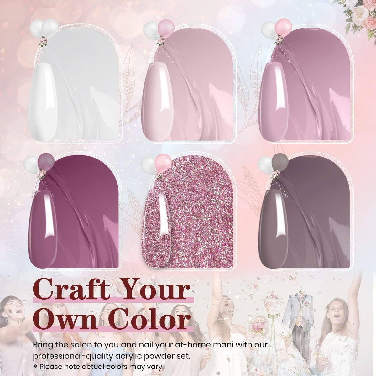 beetles swatch palette on hand showing six nude and pink shades for mix-and-match manicures