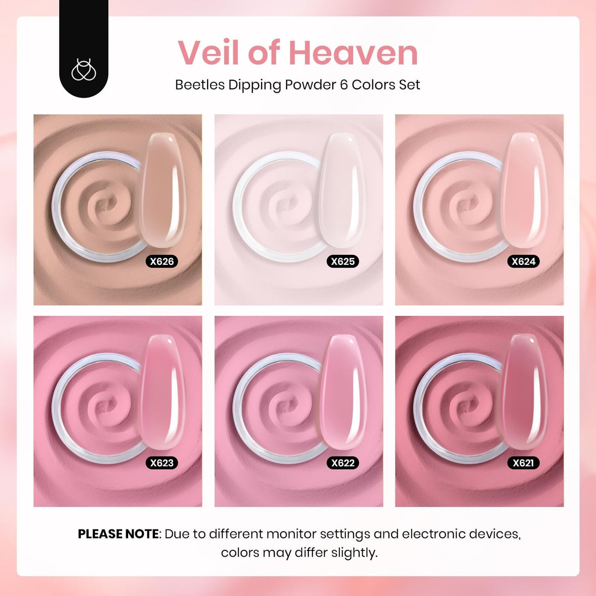 beetles swatch row on white illustrating the six neutral pink and brown shades for versatile looks