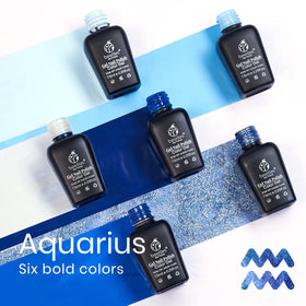 Beetles Gel Polish swatch row of six blues demonstrating color payoff and complementing tones