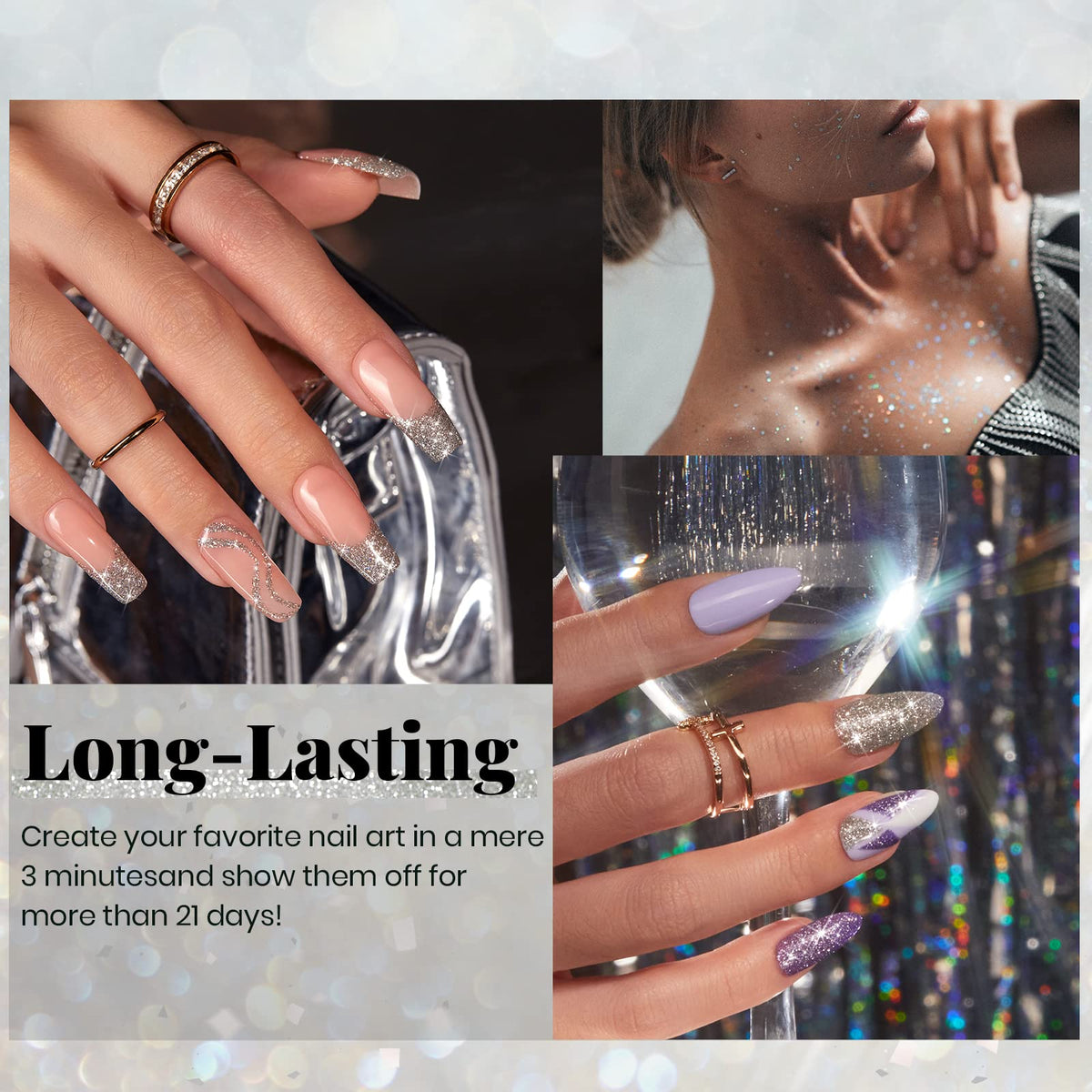 beetles single nail swatch with b342 reflective silver shimmer finish