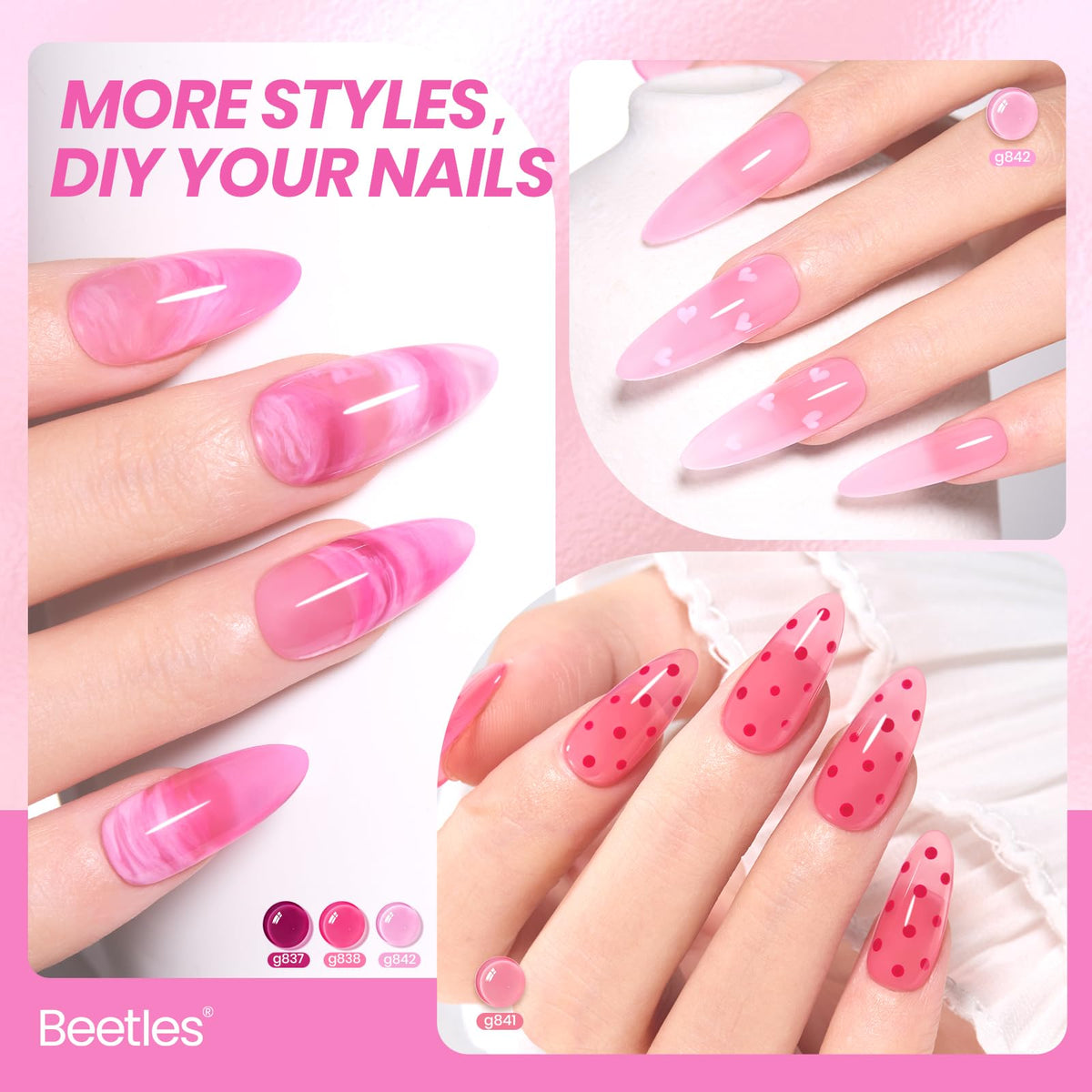 beetles swatch strip displaying six rose-pink shades for color choice