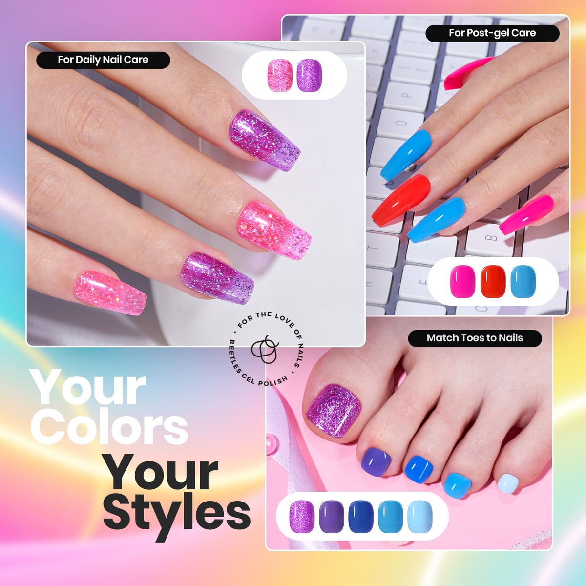 Beetles color swatches on nail wheel showing neon and glitter options for choice