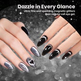 Beetles swatches on nails showing black, white, glitter, and cat-eye finishes