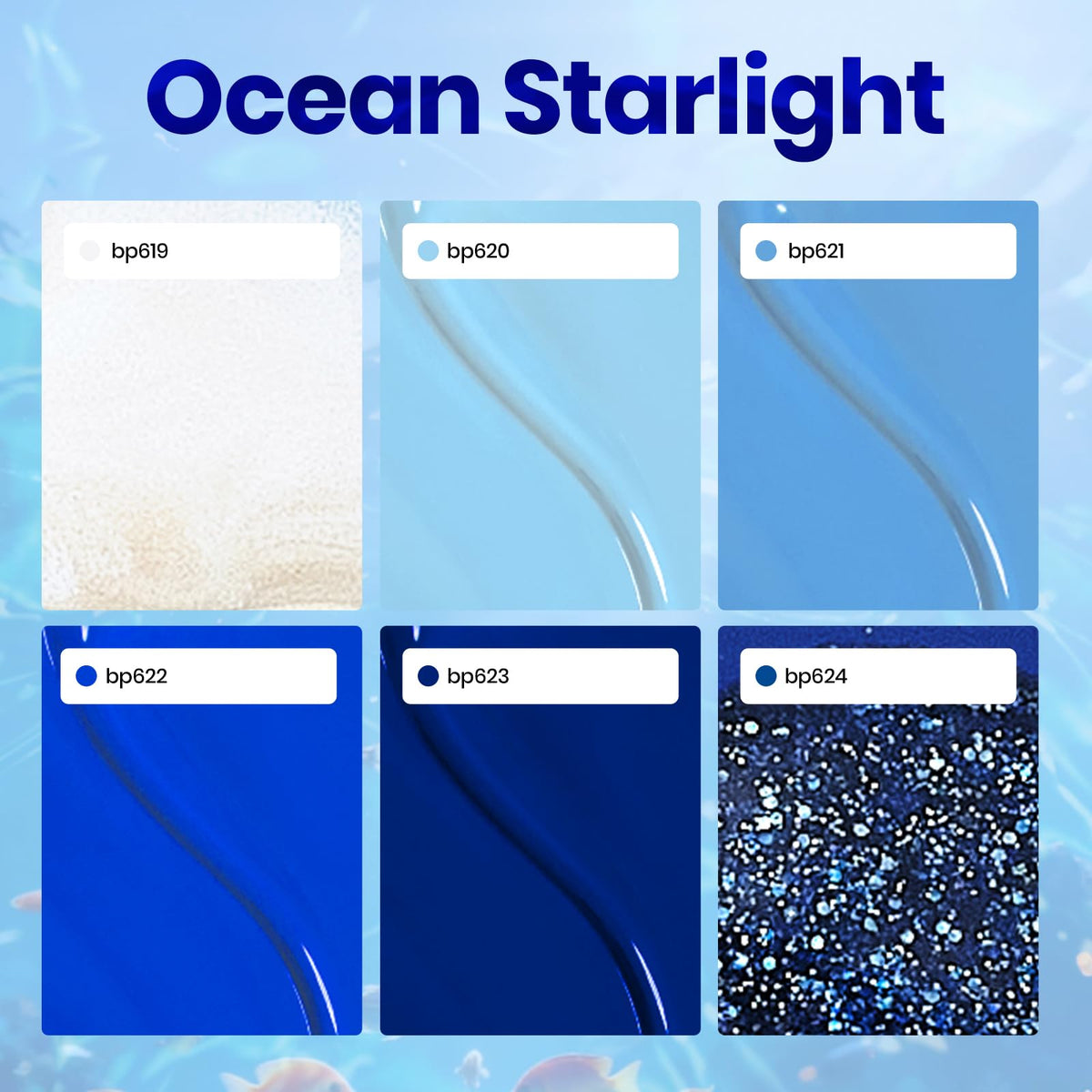 beetles swatches of six blue shades on white card, clear color comparison benefit