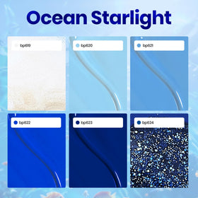 beetles swatches of six blue shades on white card, clear color comparison benefit