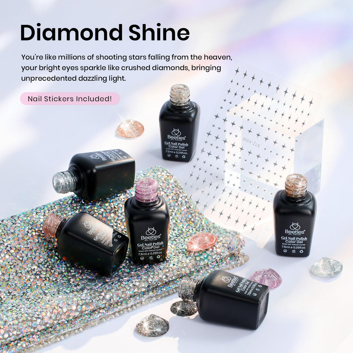 beetles texture detail showing dense glitter particles for intense shimmer