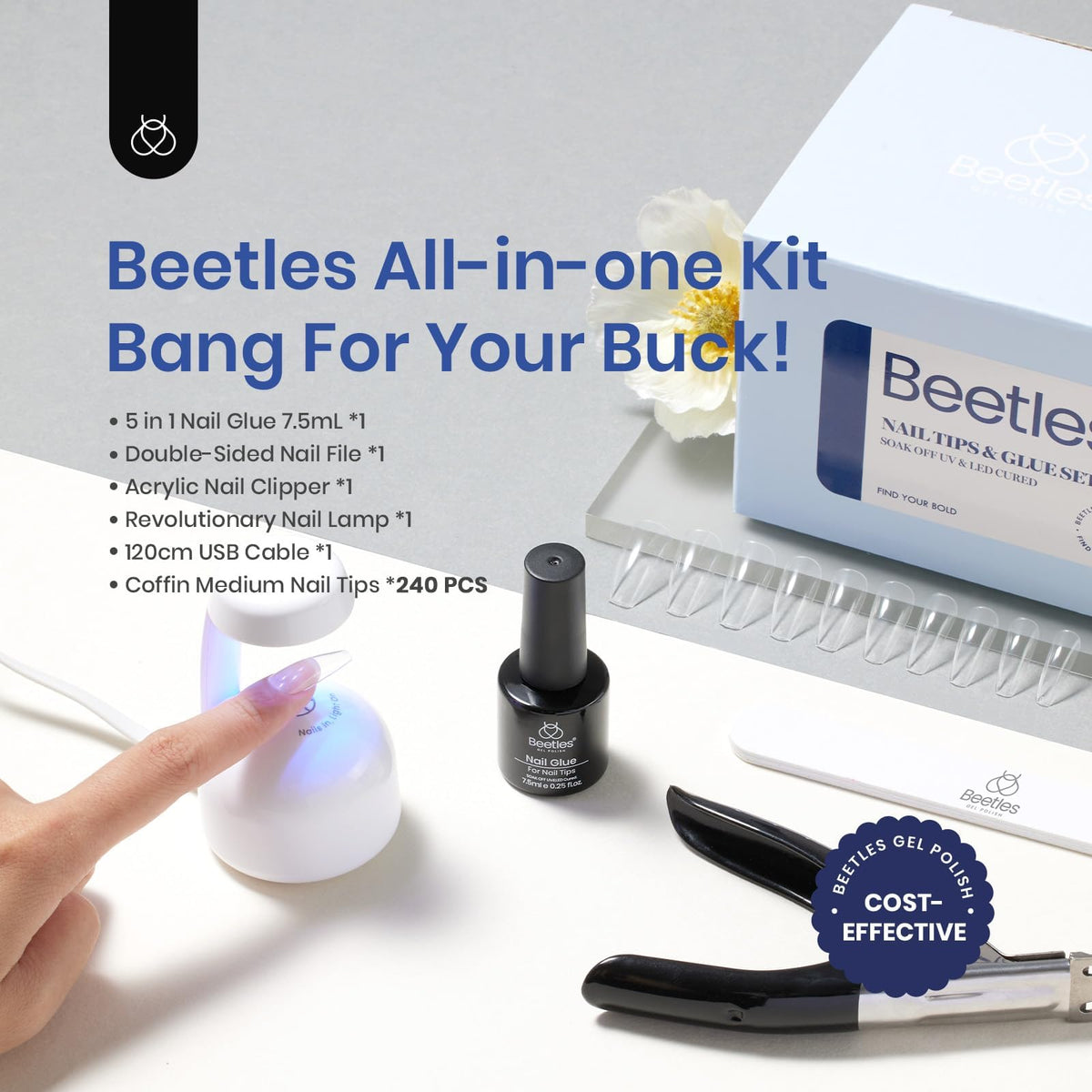 beetles applying tip to natural nail, secure bond for longer wear