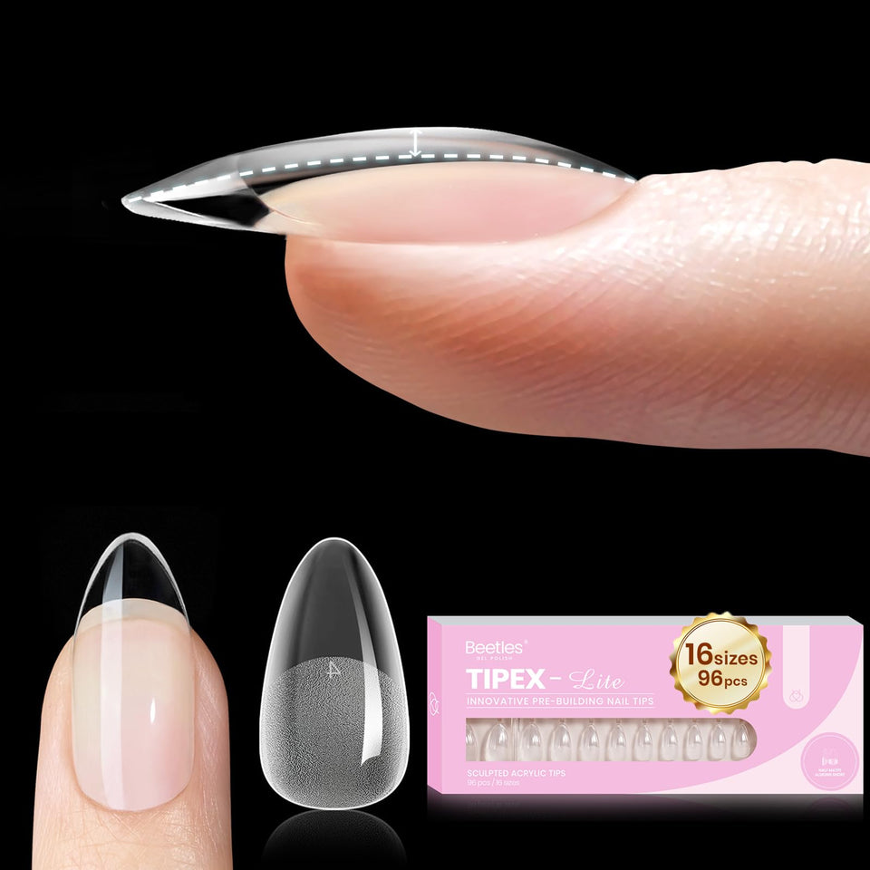 beetles Tipex Lite front packaging showing 16 sizes and short almond shape benefit