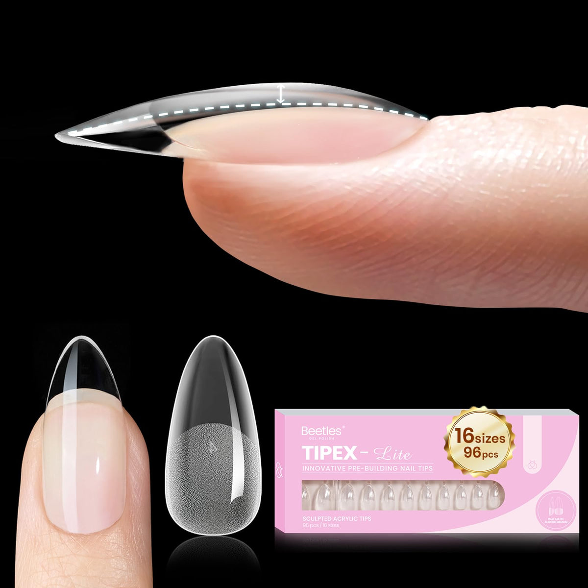 beetles Gel Polish front packaging showing medium almond tips and sizes