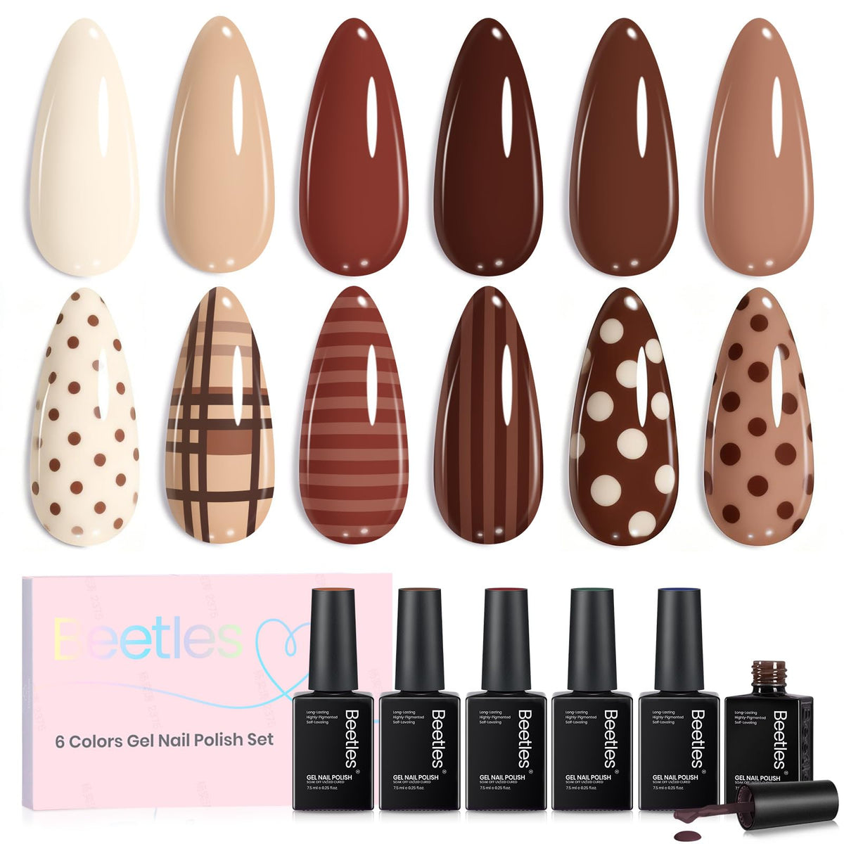 beetles Gel Polish pack shot showing six nude brown bottles and box for cohesive styling