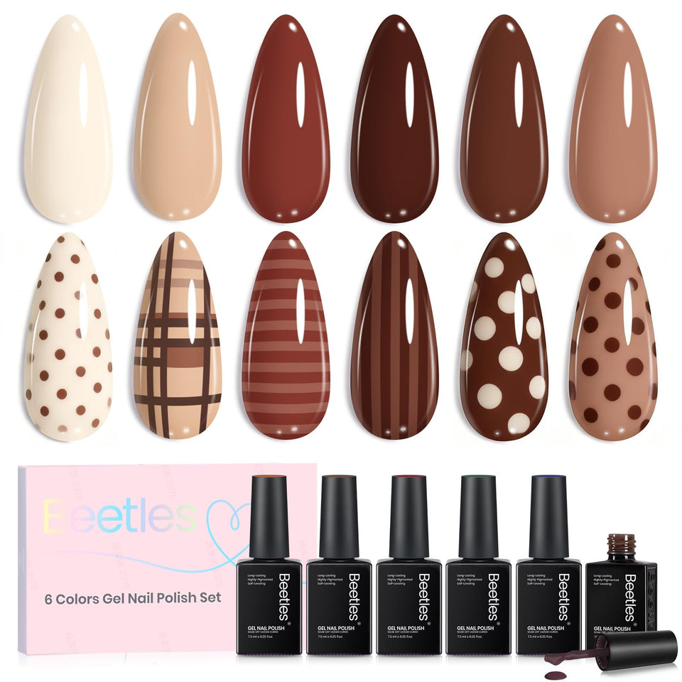 beetles Gel Polish pack shot showing six nude brown bottles and box for cohesive styling