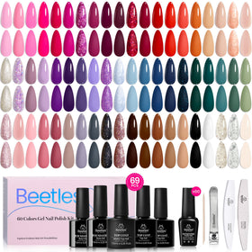 Beetles front packaging showing complete 60-color gel kit and included tools for convenience