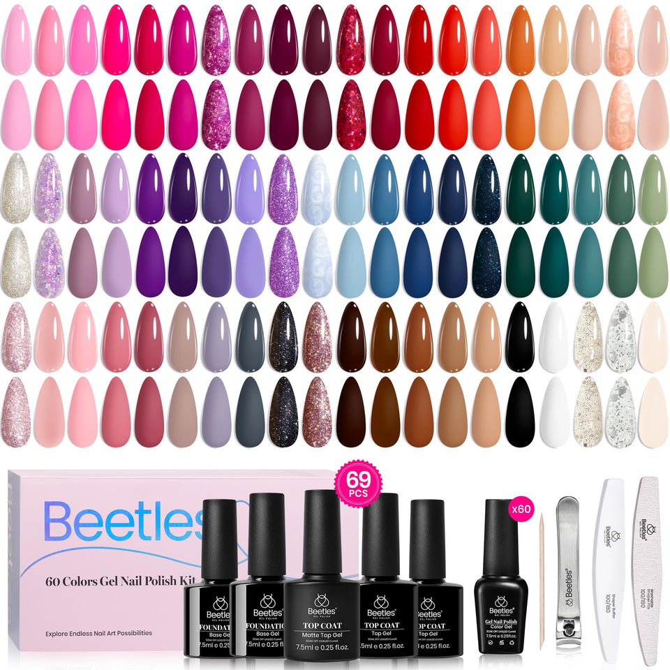 Beetles front packaging showing complete 60-color gel kit and included tools for convenience